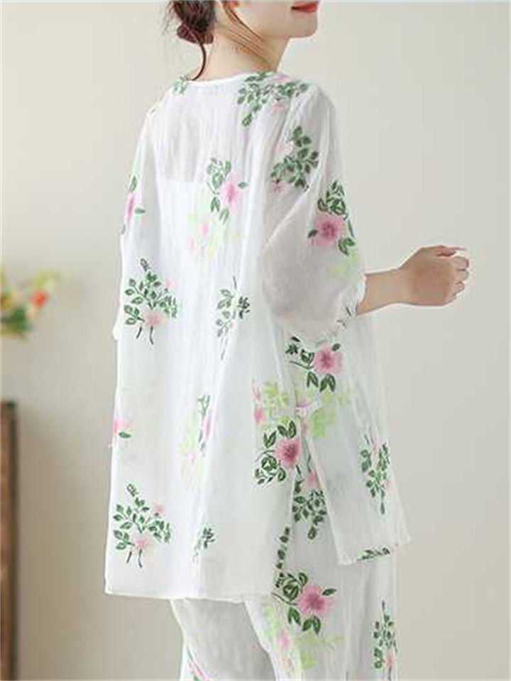 Female Lightweight Floral Leaf Embroidered Homewear Shirts