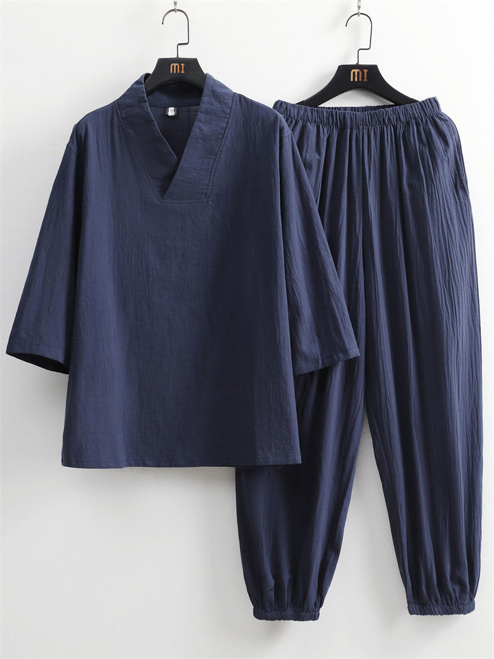 Men's 2Pcs Summer Casual Comfy V Neck Lapel 3/4 Sleeve Solid Color Outfits