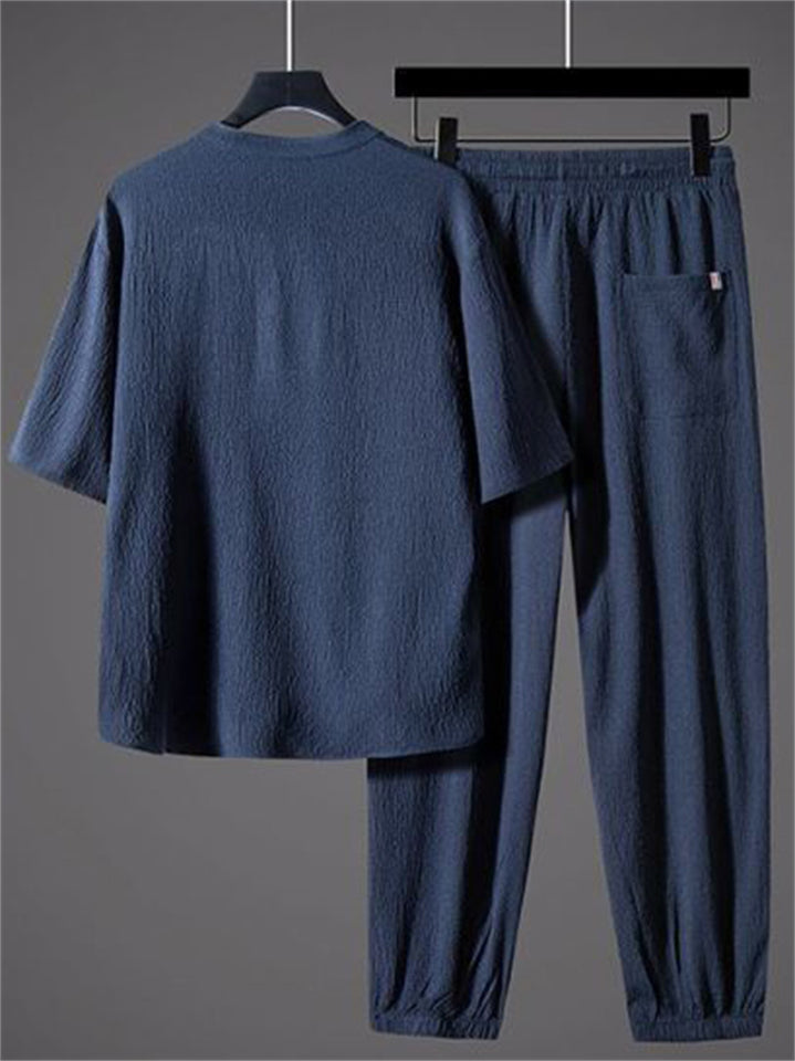 Men's 2Pcs Summer Comfy Frog Button V Neck Solid Color Outfits