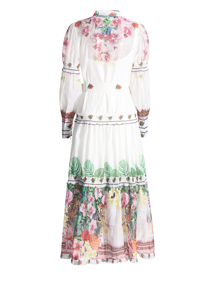 Lady Lined Lantern Sleeve Court Style Printed Dress