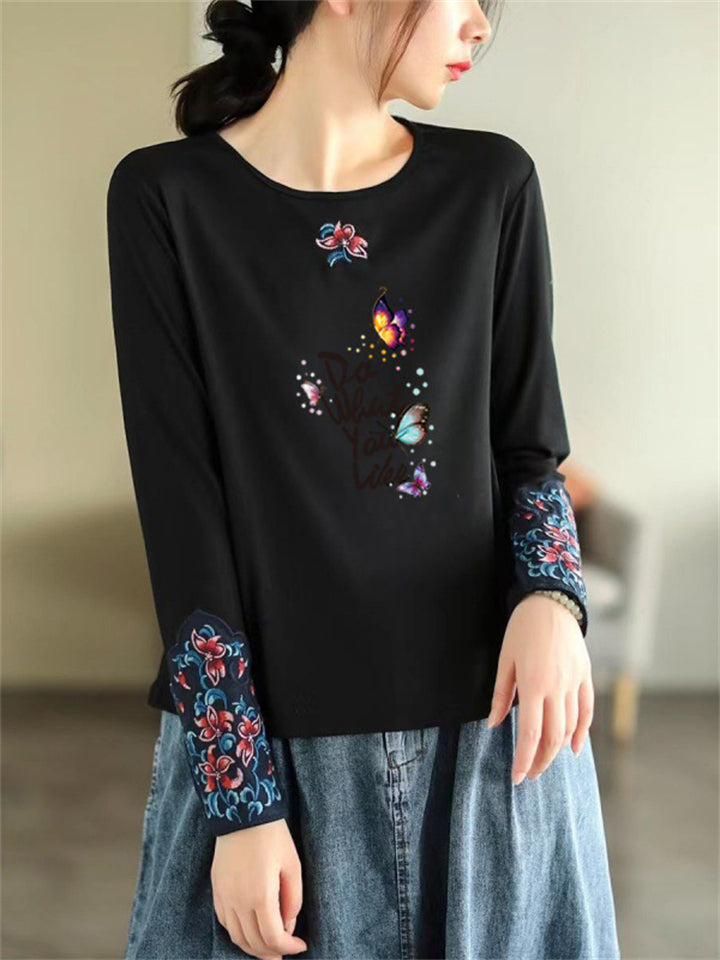 Female Round Neck Butterflies Pattern Long Sleeve Shirts