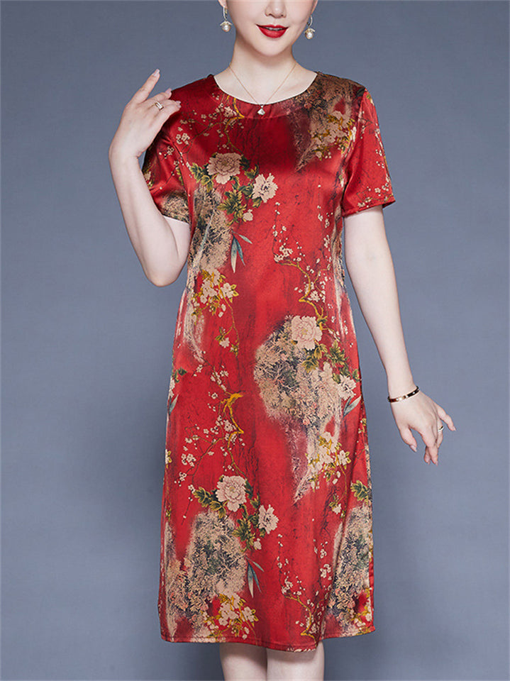 Flower Print O-neck Short Sleeve A-Line Dress for Women