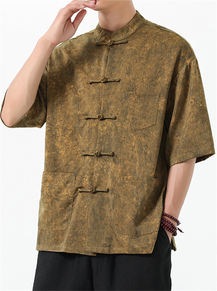 Men's Texture Print Stand Collar Half Sleeve Tang Suit Shirts