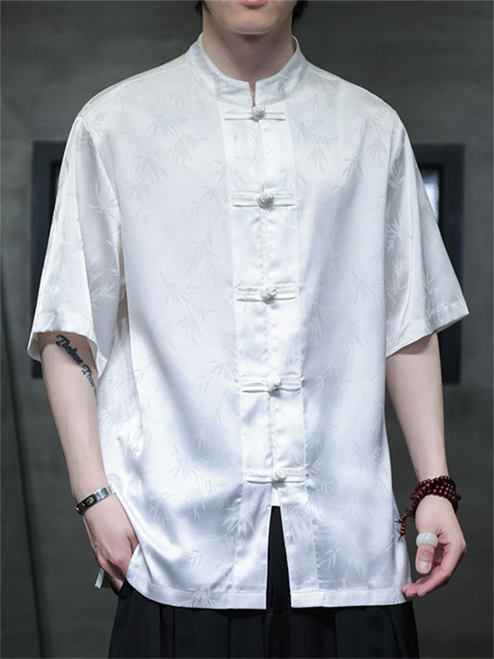 Men's Summer Bamboo Leaves Printed Stand Collar Short Sleeve TangSuit Shirts