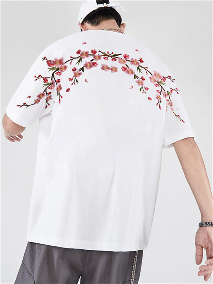 Male Cotton Blossom Embroidery Casual Half Sleeve Shirts