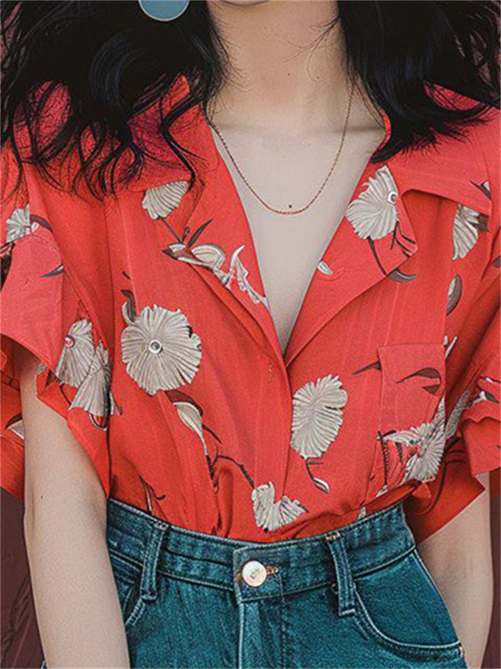 Female Summer Red Floral Print V-Neck Ruffled Sleeve Shirt