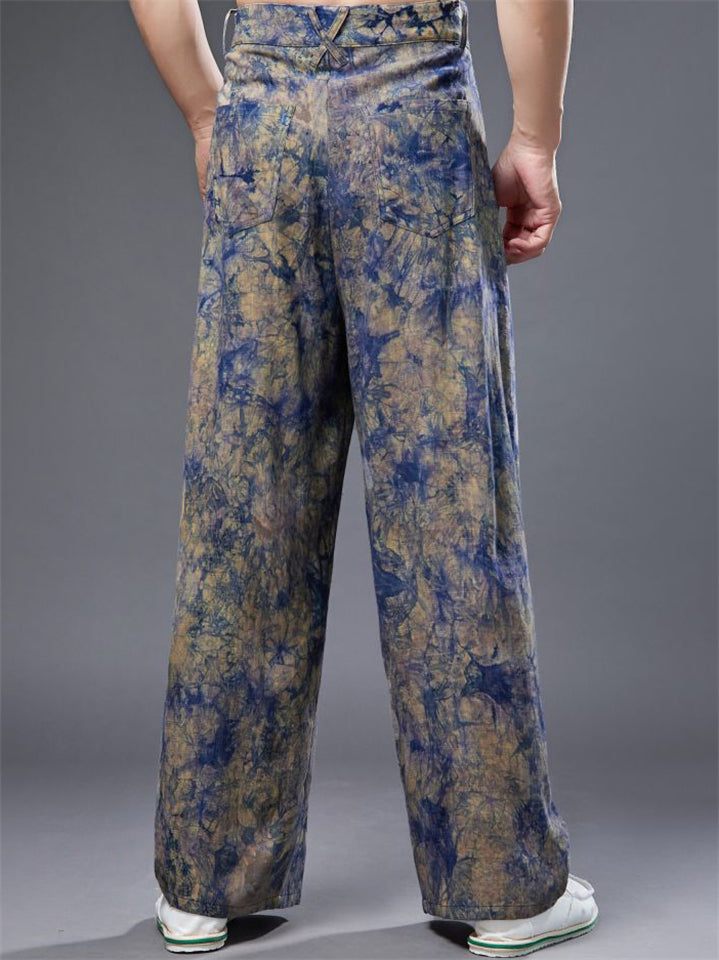Loose Men's Chinese Style Zhua-Ran Linen Wide Leg Straight Pants