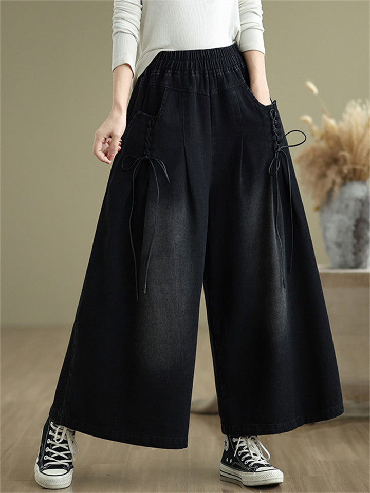 Loose Elastic Waist Wide Leg Jeans for Women