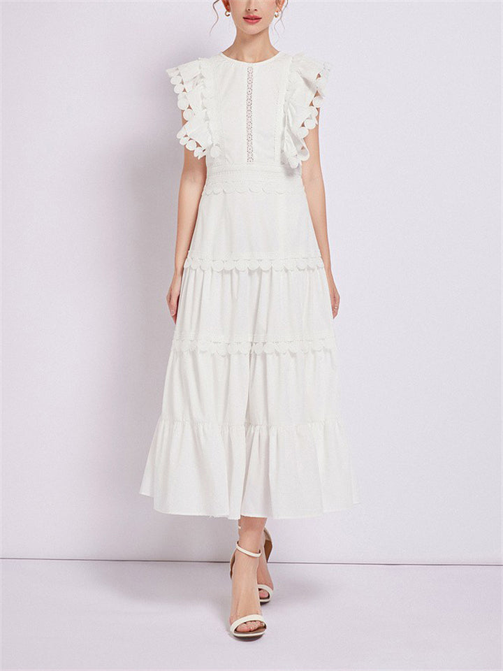 Ladies Fashion Spliced Crew Neck Flutter Sleeve Dresses