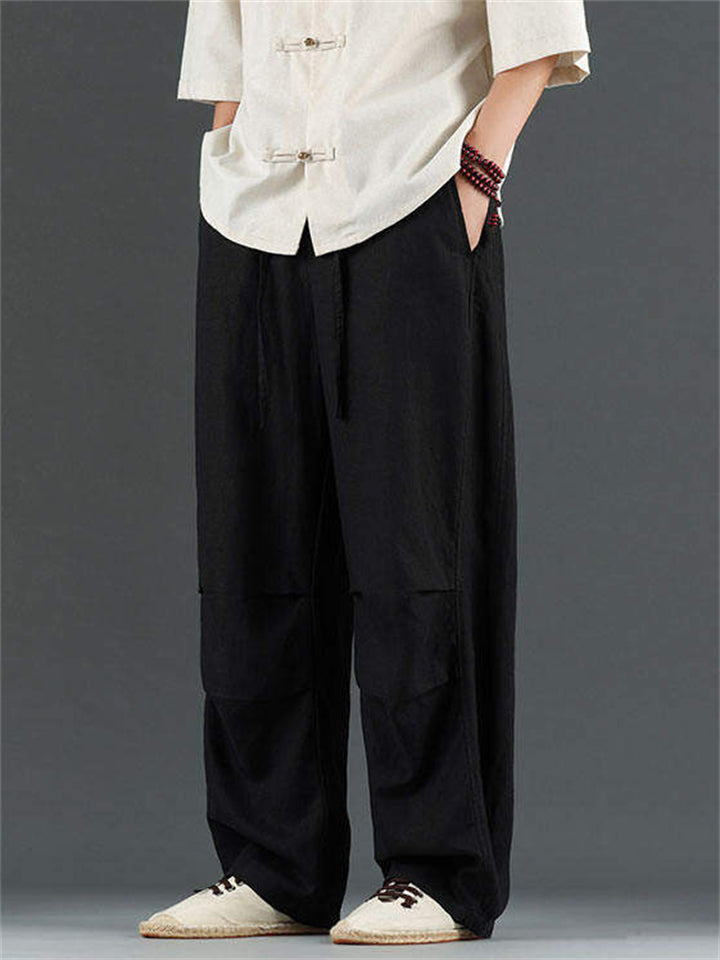 Men's Casual Chinese Style Solid Color Linen Drawstring Scimitar Pants