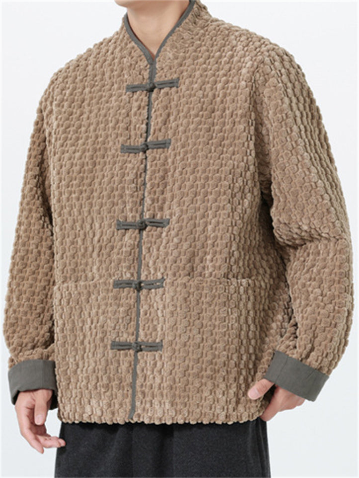 Men's Winter Plush Contrast Color Button Up Long Sleeve TangSuit Jackets