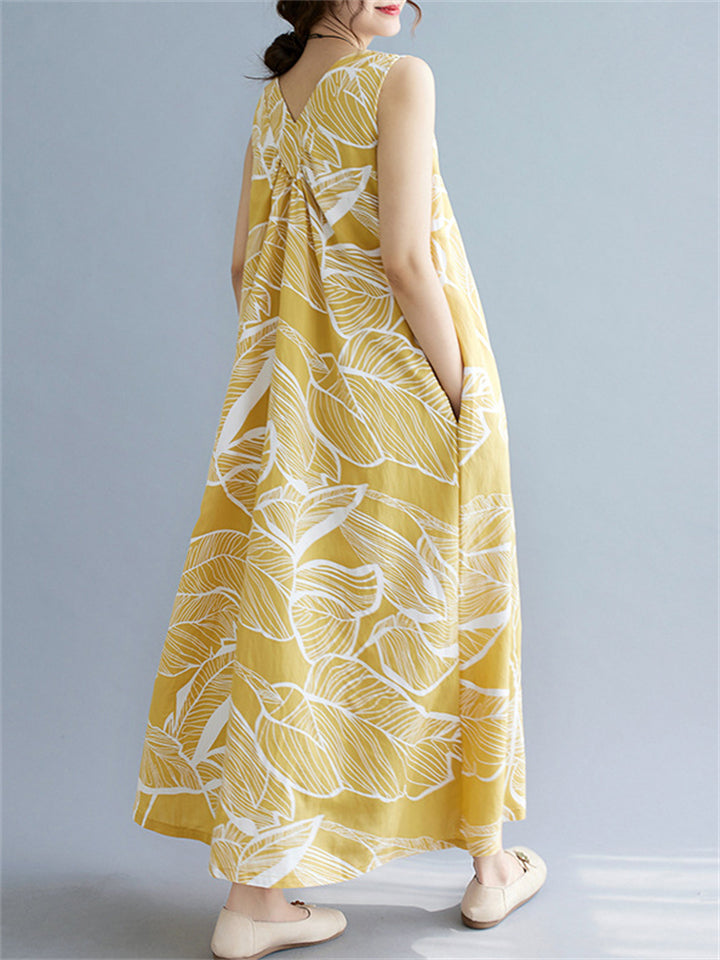 Leaves Print Reversible Sleeveless Dresses for Women