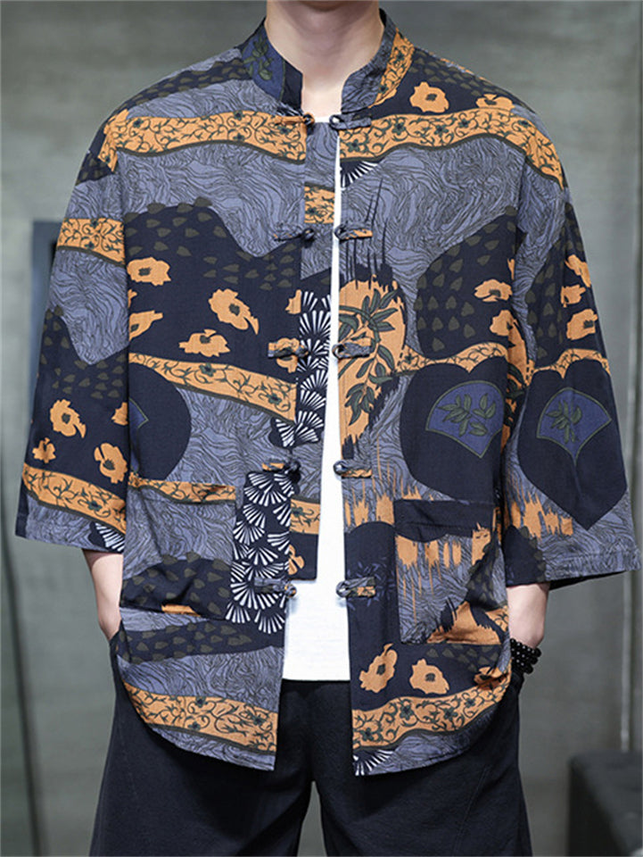 Men's Summer Trendy Chinese Style Printed Button Up TangSuit Shirt
