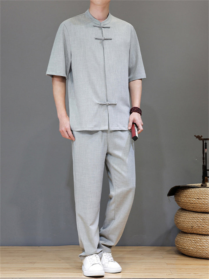 Men's 2Pcs Comfy Stand Collar Short Sleeve Solid Color TangSuit Outfits