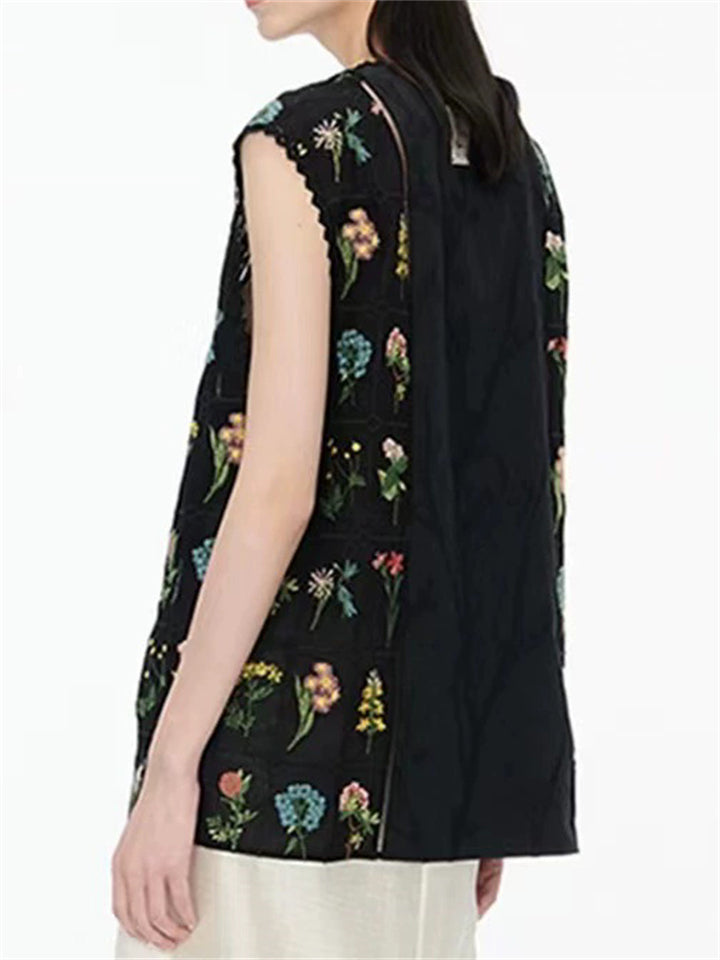 Female's Black Plants Embroidered Jacquard Sleeveless Vest