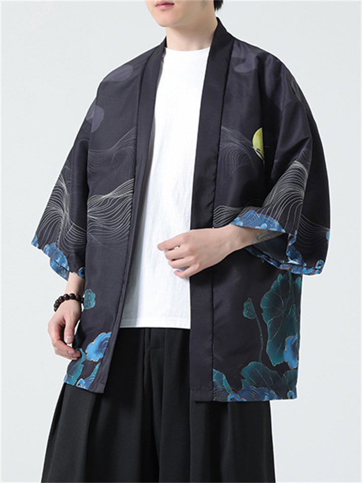 Crane Loong Lotus Print Male Traditional Chinese Shirt
