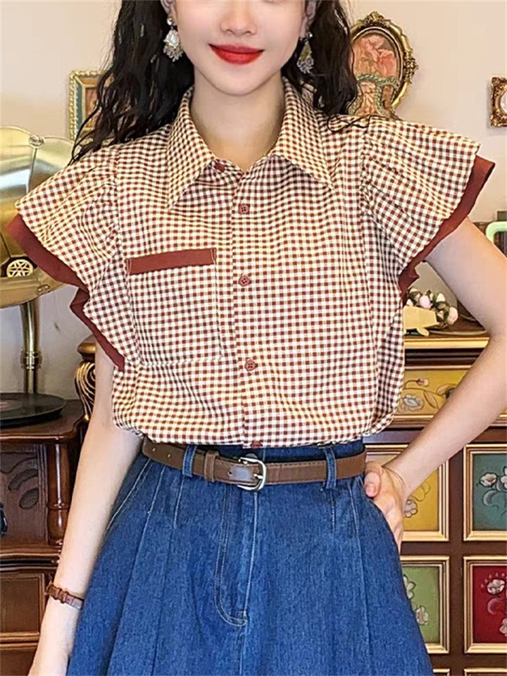 Female's Elegant Retro Plaid Patchwork Lotus Leaf Short-sleeved Shirts