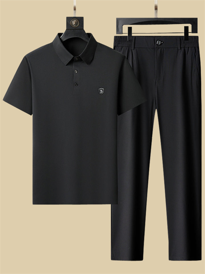 Men's 2Pcs Summer Cool Lapel Short Sleeve Solid Color Outfits