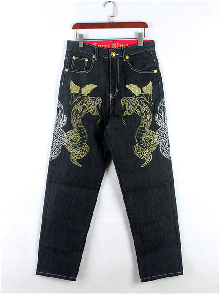 Golden Snake Letter Embroidery Hip Hop Jeans for Men