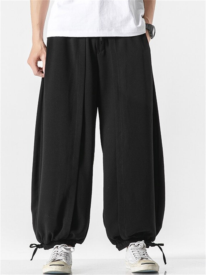 Men's Summer Solid Color Wide Leg Ankle-Tied Bloomers Pants