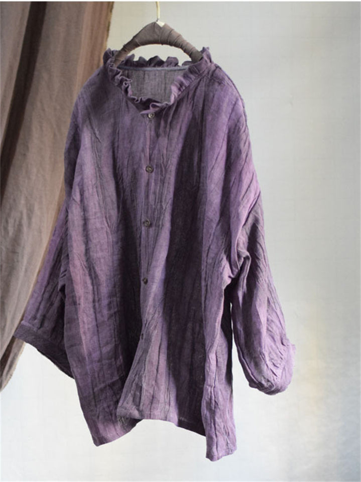 Loose Linen Distressed Textured Long Sleeve Shirt for Women