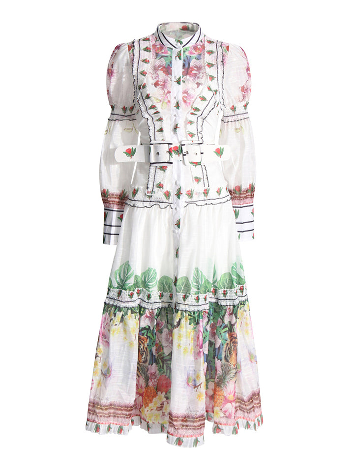 Lady Lined Lantern Sleeve Court Style Printed Dress