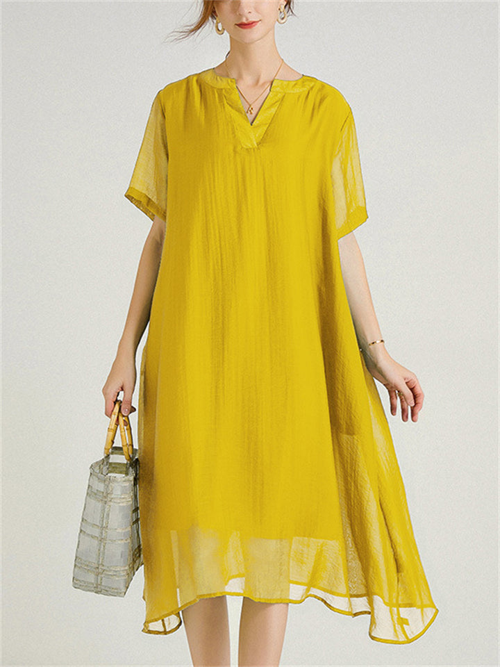 Flowy V Neck Double-Layer Tencel Dress for Women