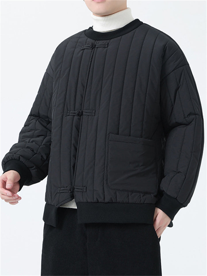 Men's Vintage Round Neck Long Sleeve Striped Cotton Coat