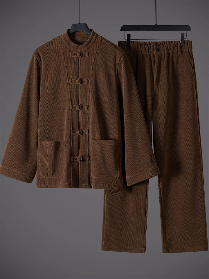 Men's 2Pcs Autumn Cotton Blend Corduroy Frog Button TangSuit Outfit