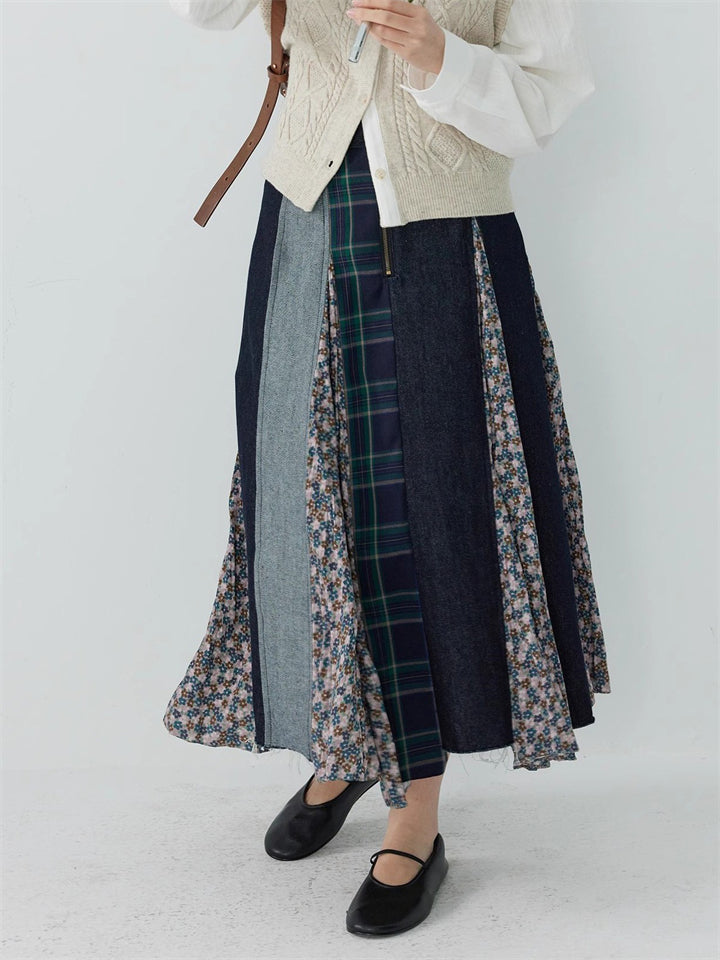 Japanese Style A-Line Patchwork Denim Skirts for Women