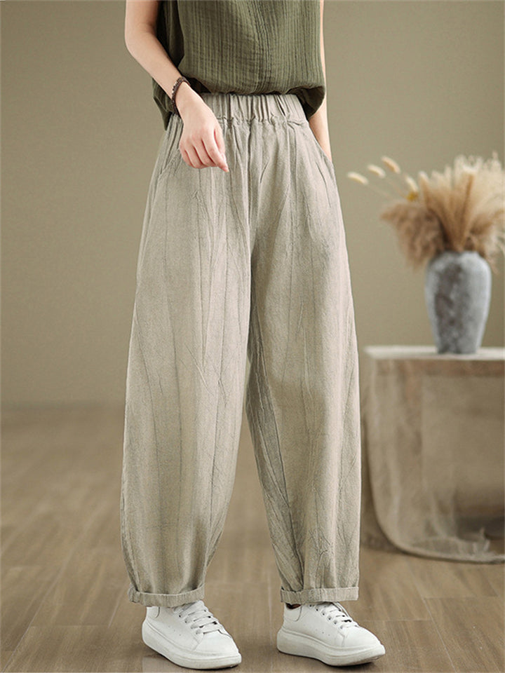 Female Distressed Elastic Waist Pleated Relaxed Pants