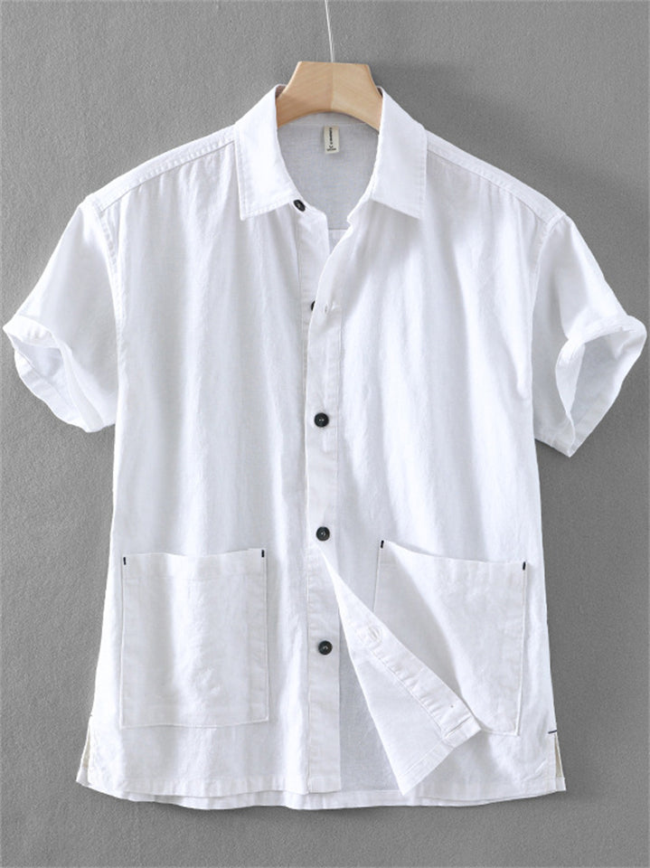 Men's Summer Casual Ramie Cotton Solid Color Lapel Shirts