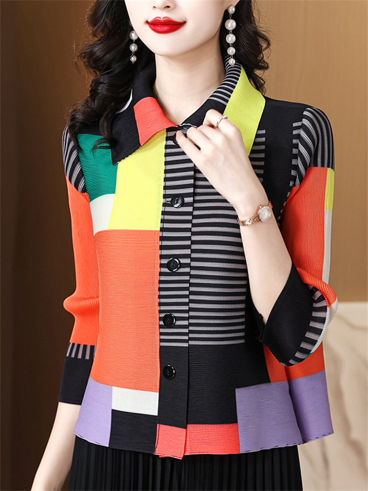 Female's One Size Elegant Striped Contrast Color Lapel 3/4 Sleeve Shirts