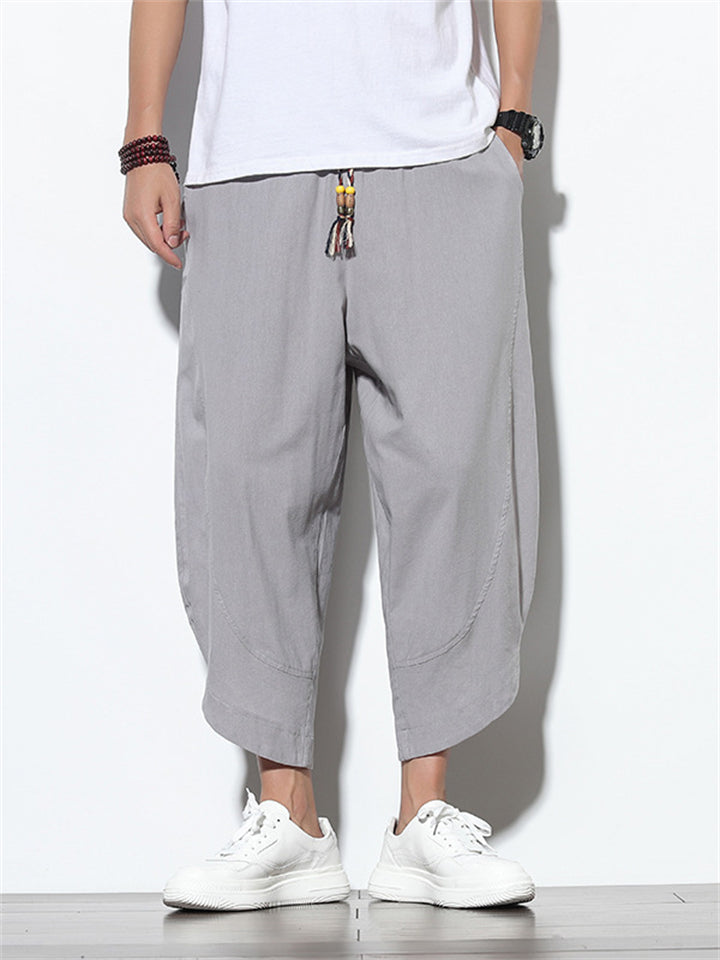 Men's Stylish Cozy Casual Plain & Striped Cotton Linen Cropped Pants