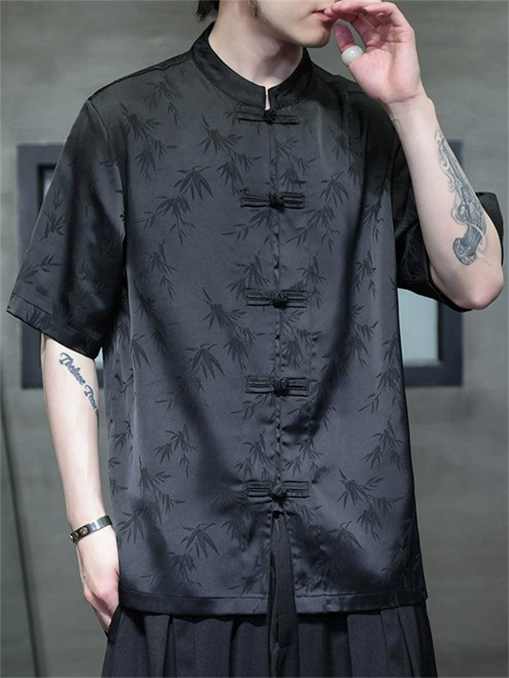 Men's Summer Bamboo Leaves Printed Stand Collar Short Sleeve TangSuit Shirts