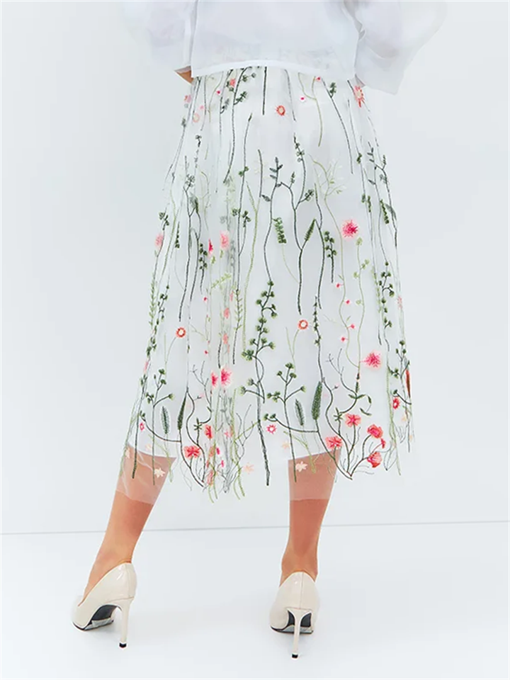 Spring Floral Leaf Embroidery Elegant Mesh Skirt for Lady