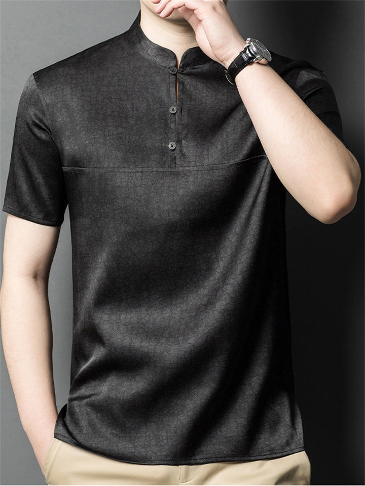 Men's Stand Collar Button Short Sleeve Mulberry Silk Shirt