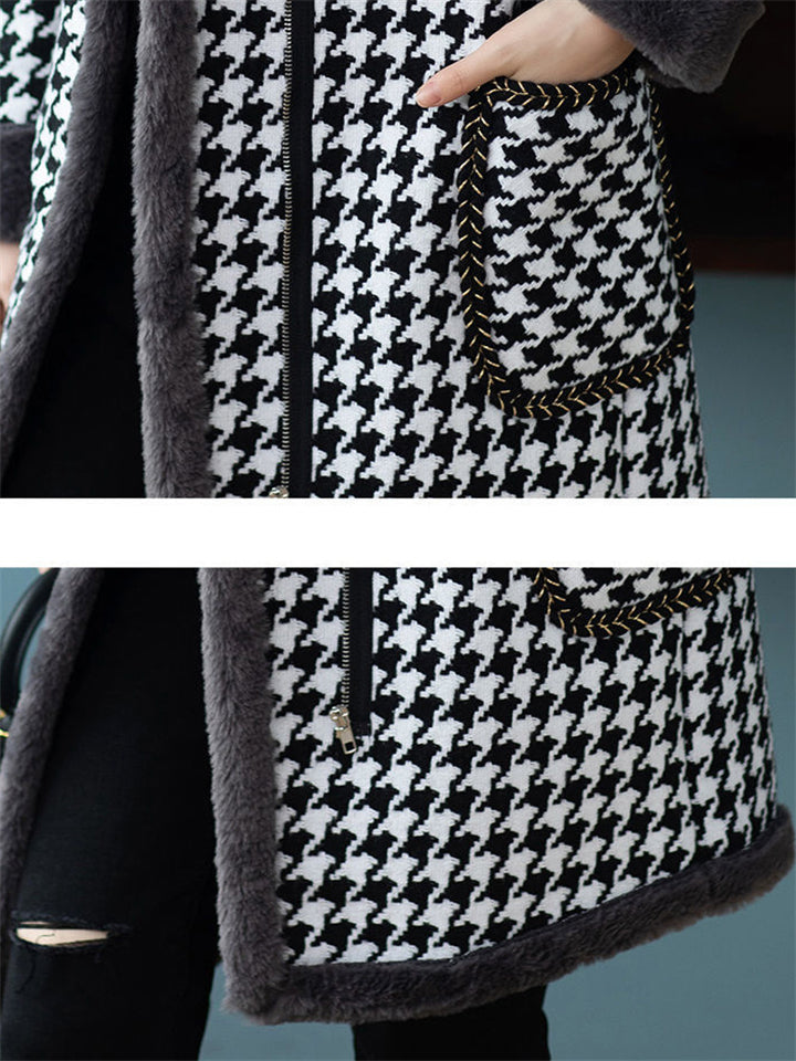 Ladies Vintage Plaid Notched Lapel Plush Lining Overcoat