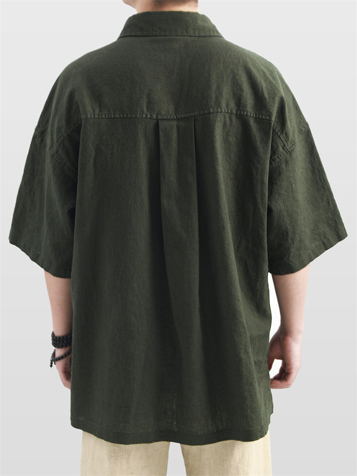 Men's Summer Casual Ramie Cotton Solid Color Pocket Lapel Shirts
