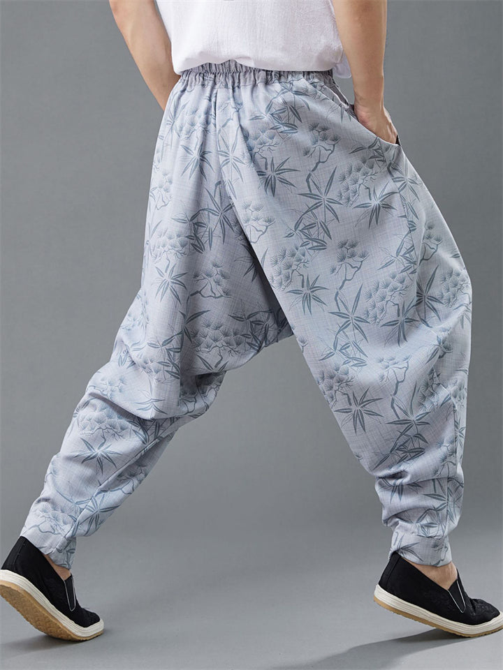 Loose Leaf Print Elastic Waist Kung Fu Tai Chi Pants for Men