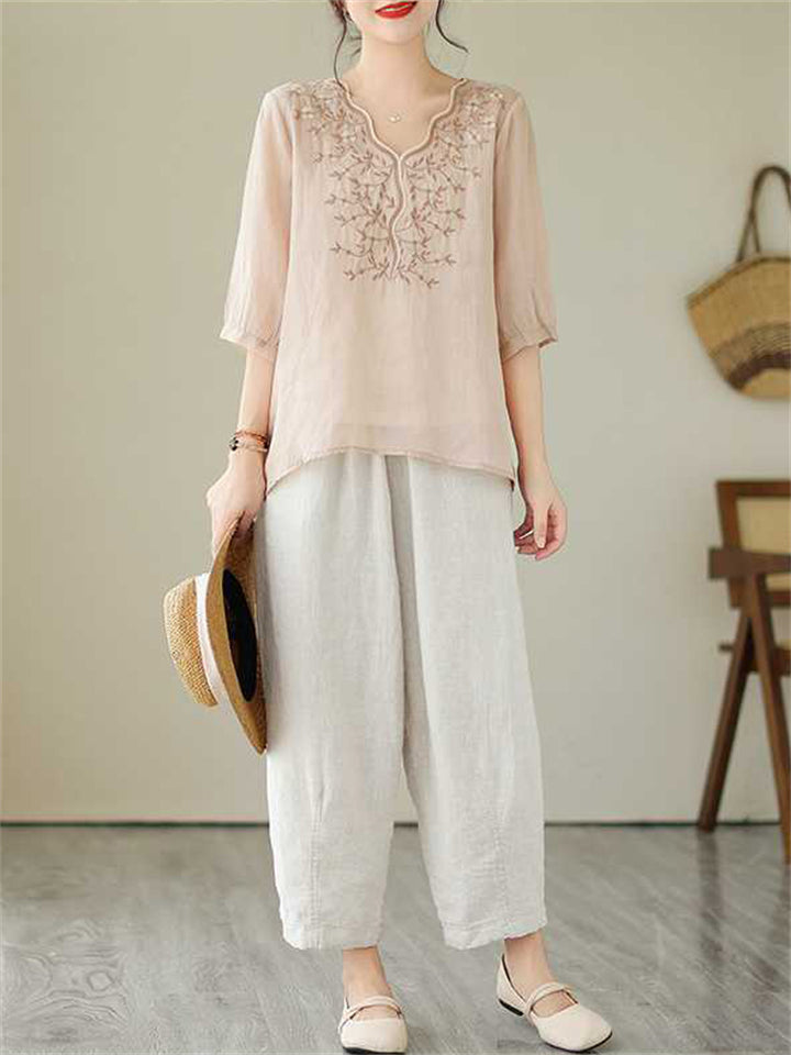 Leaf Flower Embroidered Women's Half Sleeve V-Neck Shirt
