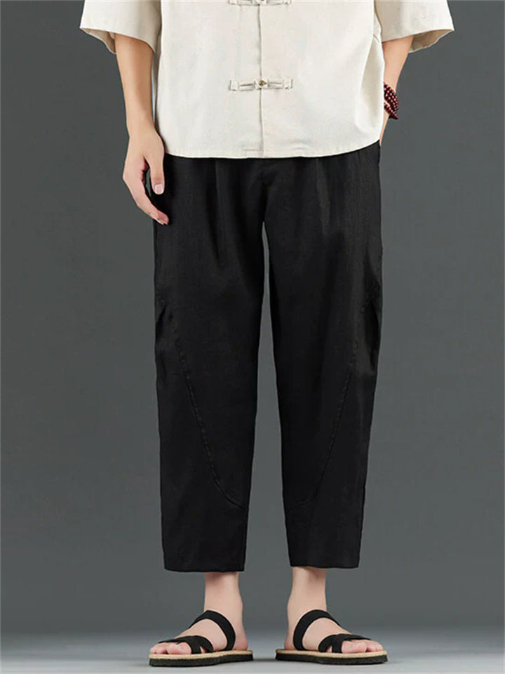 Men's Simple Chinese Style Solid Color Linen Straight Cropped Pants