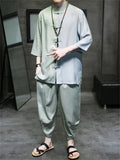 Men's 2Pcs Cool Contrast Color 3/4 Sleeve Stand Collar TangSuit Outfits