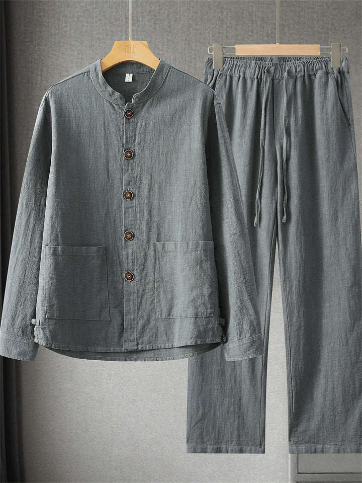 Men's 2Pcs Comfy Autumn Cotton Linen Solid Color TangSuit Outfit