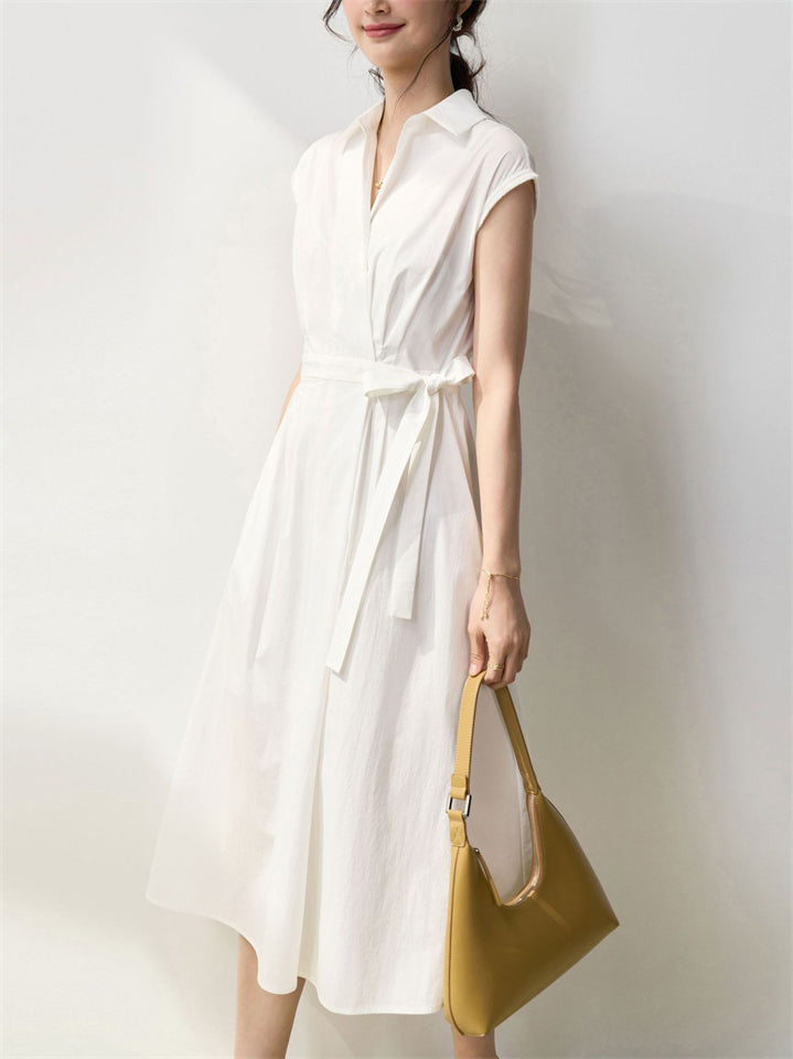 Female Summer French Style Cotton Short Sleeve Tie-Waist Midi Dress