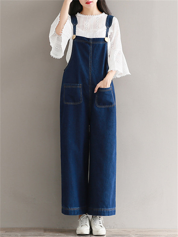 Female Solid Color Wide Leg Demin Overall Cropped Jumpsuits