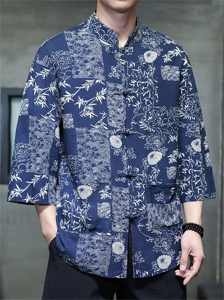Men's Summer Trendy Chinese Style Printed Button Up TangSuit Shirt