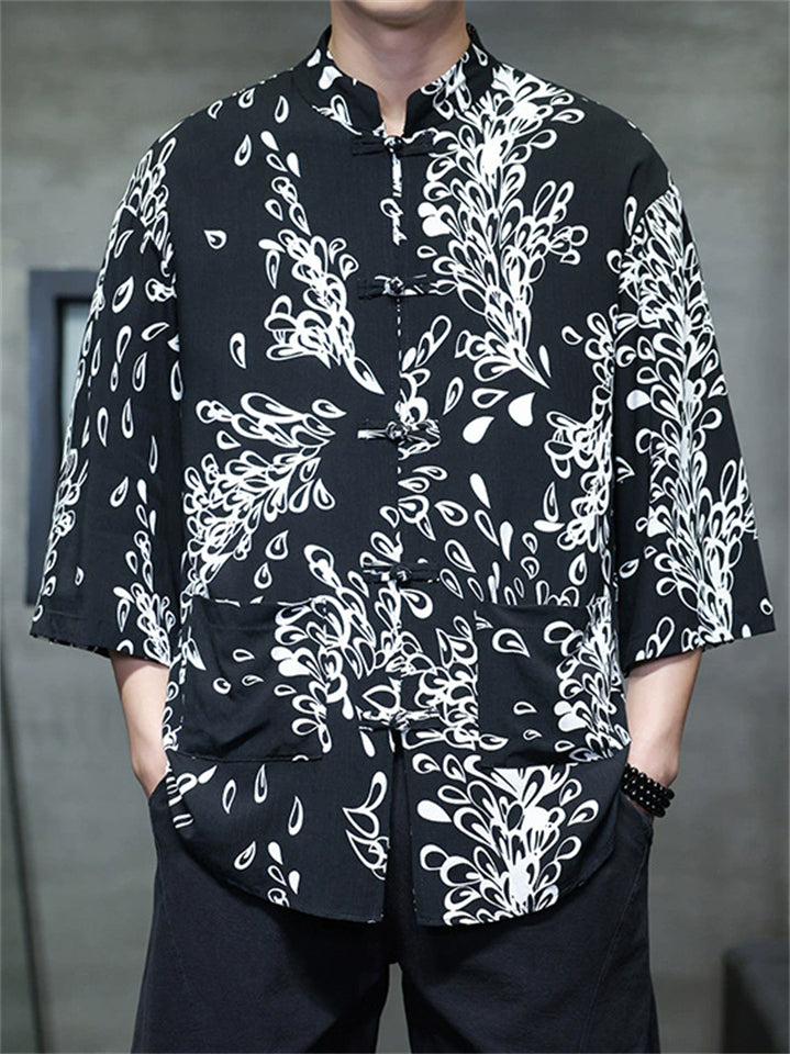 Men's Summer Trendy Chinese Style Printed Button Up TangSuit Shirt