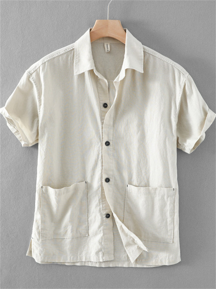 Men's Summer Casual Ramie Cotton Solid Color Lapel Shirts