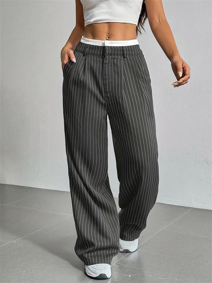 Casual High-Rise Spliced Striped Pants for Women